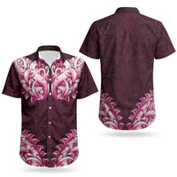 New Zealand Ta Moko Couples Matching Off Shoulder Short Dress and Hawaiian Shirt Aotearoa Maori Chest Tattoo Pink