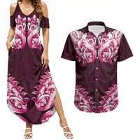 New Zealand Ta Moko Couples Matching Summer Maxi Dress and Hawaiian Shirt Aotearoa Maori Chest Tattoo Pink