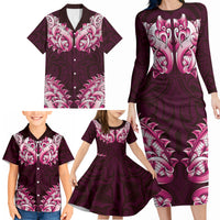 New Zealand Ta Moko Family Matching Long Sleeve Bodycon Dress and Hawaiian Shirt Aotearoa Maori Chest Tattoo Pink LT14 - Polynesian Pride