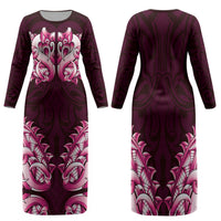 New Zealand Ta Moko Family Matching Long Sleeve Bodycon Dress and Hawaiian Shirt Aotearoa Maori Chest Tattoo Pink LT14 Mom's Dress Pink - Polynesian Pride