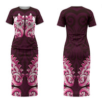 New Zealand Ta Moko Family Matching Short Sleeve Bodycon Dress and Hawaiian Shirt Aotearoa Maori Chest Tattoo Pink LT14 Mom's Dress Pink - Polynesian Pride