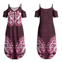 New Zealand Ta Moko Family Matching Summer Maxi Dress and Hawaiian Shirt Aotearoa Maori Chest Tattoo Pink