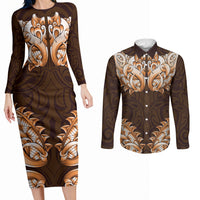 New Zealand Ta Moko Couples Matching Long Sleeve Bodycon Dress and Long Sleeve Button Shirt Aotearoa Maori Chest Tattoo Orange