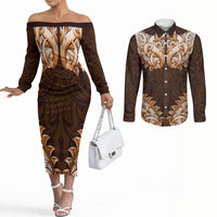 New Zealand Ta Moko Couples Matching Off The Shoulder Long Sleeve Dress and Long Sleeve Button Shirt Aotearoa Maori Chest Tattoo Orange