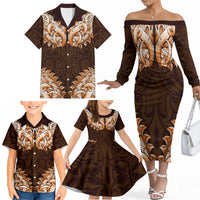 New Zealand Ta Moko Family Matching Off The Shoulder Long Sleeve Dress and Hawaiian Shirt Aotearoa Maori Chest Tattoo Orange LT14 - Polynesian Pride