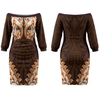 New Zealand Ta Moko Family Matching Off The Shoulder Long Sleeve Dress and Hawaiian Shirt Aotearoa Maori Chest Tattoo Orange LT14 Mom's Dress Orange - Polynesian Pride