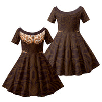 New Zealand Ta Moko Family Matching Off The Shoulder Long Sleeve Dress and Hawaiian Shirt Aotearoa Maori Chest Tattoo Orange LT14 Daughter's Dress Orange - Polynesian Pride