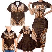 New Zealand Ta Moko Family Matching Short Sleeve Bodycon Dress and Hawaiian Shirt Aotearoa Maori Chest Tattoo Orange