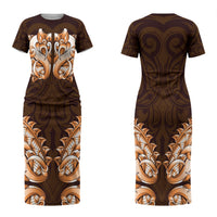 New Zealand Ta Moko Family Matching Short Sleeve Bodycon Dress and Hawaiian Shirt Aotearoa Maori Chest Tattoo Orange LT14 Mom's Dress Orange - Polynesian Pride