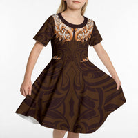 New Zealand Ta Moko Kid Short Sleeve Dress Aotearoa Maori Chest Tattoo Orange LT14 - Polynesian Pride