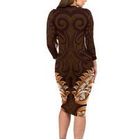 New Zealand Ta Moko Long Sleeve Bodycon Dress Aotearoa Maori Chest Tattoo Orange