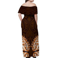 New Zealand Ta Moko Off Shoulder Maxi Dress Aotearoa Maori Chest Tattoo Orange