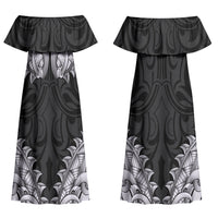 New Zealand Ta Moko Couples Matching Off Shoulder Maxi Dress and Hawaiian Shirt Aotearoa Maori Chest Tattoo Black