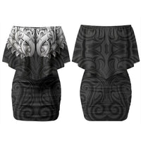 New Zealand Ta Moko Couples Matching Off Shoulder Short Dress and Hawaiian Shirt Aotearoa Maori Chest Tattoo Black