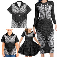 New Zealand Ta Moko Family Matching Long Sleeve Bodycon Dress and Hawaiian Shirt Aotearoa Maori Chest Tattoo Black LT14 - Polynesian Pride