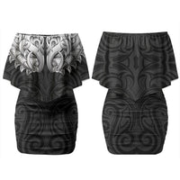 New Zealand Ta Moko Family Matching Off Shoulder Short Dress and Hawaiian Shirt Aotearoa Maori Chest Tattoo Black