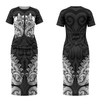 New Zealand Ta Moko Family Matching Short Sleeve Bodycon Dress and Hawaiian Shirt Aotearoa Maori Chest Tattoo Black LT14 Mom's Dress Black - Polynesian Pride