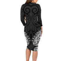New Zealand Ta Moko Long Sleeve Bodycon Dress Aotearoa Maori Chest Tattoo Black