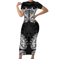 New Zealand Ta Moko Short Sleeve Bodycon Dress Aotearoa Maori Chest Tattoo Black