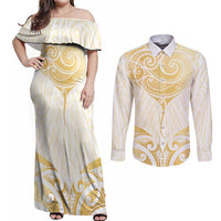 Gold White New Zealand Manta Ray Couples Matching Off Shoulder Maxi Dress and Long Sleeve Button Shirt Aotearoa Maori Haehae - Polynesian Pride