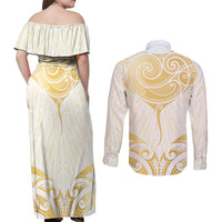 Gold White New Zealand Manta Ray Couples Matching Off Shoulder Maxi Dress and Long Sleeve Button Shirt Aotearoa Maori Haehae - Polynesian Pride