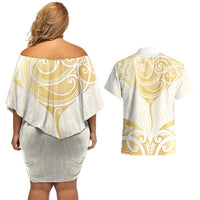Gold White New Zealand Manta Ray Couples Matching Off Shoulder Short Dress and Hawaiian Shirt Aotearoa Maori Haehae - Polynesian Pride