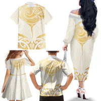Gold White New Zealand Manta Ray Family Matching Off The Shoulder Long Sleeve Dress and Hawaiian Shirt Aotearoa Maori Haehae - Polynesian Pride