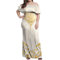 Gold White New Zealand Manta Ray Off Shoulder Maxi Dress Aotearoa Maori Haehae - Polynesian Pride