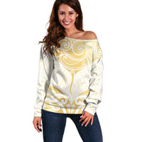 Gold White New Zealand Manta Ray Off Shoulder Sweater Aotearoa Maori Haehae - Polynesian Pride