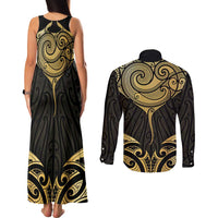 Gold Black New Zealand Manta Ray Couples Matching Tank Maxi Dress and Long Sleeve Button Shirt Aotearoa Maori Haehae - Polynesian Pride
