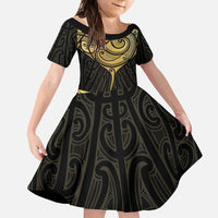 Gold Black New Zealand Manta Ray Family Matching Long Sleeve Bodycon Dress and Hawaiian Shirt Aotearoa Maori Haehae - Polynesian Pride