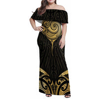 Gold Black New Zealand Manta Ray Family Matching Off Shoulder Maxi Dress and Hawaiian Shirt Aotearoa Maori Haehae - Polynesian Pride