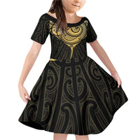 Gold Black New Zealand Manta Ray Family Matching Off Shoulder Short Dress and Hawaiian Shirt Aotearoa Maori Haehae - Polynesian Pride