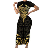 Gold Black New Zealand Manta Ray Family Matching Short Sleeve Bodycon Dress and Hawaiian Shirt Aotearoa Maori Haehae - Polynesian Pride