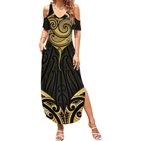 Gold Black New Zealand Manta Ray Family Matching Summer Maxi Dress and Hawaiian Shirt Aotearoa Maori Haehae - Polynesian Pride