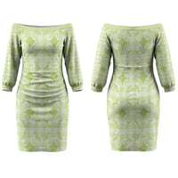 Omaomao Hawaii Iwa Bird Palaka Motifs Family Matching Off The Shoulder Long Sleeve Dress and Hawaiian Shirt LT14 Mom's Dress Green - Polynesian Pride