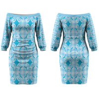 Polu Hawaii Iwa Bird Palaka Motifs Family Matching Off The Shoulder Long Sleeve Dress and Hawaiian Shirt LT14 Mom's Dress Blue - Polynesian Pride