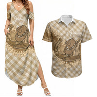 Makue Hawaii Cowboy Palaka Motifs Personalised Couples Matching Summer Maxi Dress and Hawaiian Shirt Paniolo Festival Puakenikeni Lei LT14 Brown - Polynesian Pride