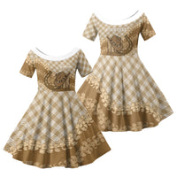Makue Hawaii Cowboy Palaka Motifs Personalised Family Matching Off Shoulder Short Dress and Hawaiian Shirt Paniolo Festival Puakenikeni Lei LT14 Daughter's Dress Brown - Polynesian Pride