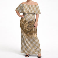 Makue Hawaii Cowboy Palaka Motifs Personalised Off Shoulder Maxi Dress Paniolo Festival Puakenikeni Lei LT14 Women Brown - Polynesian Pride