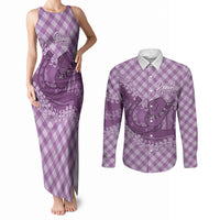 Poni Hawaii Cowboy Palaka Motifs Personalised Couples Matching Tank Maxi Dress and Long Sleeve Button Shirt Paniolo Festival Puakenikeni Lei LT14 Purple - Polynesian Pride