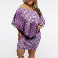 Poni Hawaii Cowboy Palaka Motifs Personalised Off Shoulder Short Dress Paniolo Festival Puakenikeni Lei LT14 Women Purple - Polynesian Pride