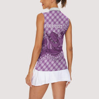 Poni Hawaii Cowboy Palaka Motifs Personalised Women Sleeveless Polo Shirt Paniolo Festival Puakenikeni Lei LT14 - Polynesian Pride