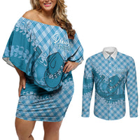 Polu Hawaii Cowboy Palaka Motifs Personalised Couples Matching Off Shoulder Short Dress and Long Sleeve Button Shirt Paniolo Festival Puakenikeni Lei LT14 Blue - Polynesian Pride