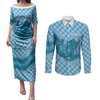 Polu Hawaii Cowboy Palaka Motifs Personalised Couples Matching Puletasi and Long Sleeve Button Shirt Paniolo Festival Puakenikeni Lei LT14 Blue - Polynesian Pride