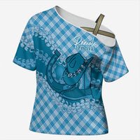 Polu Hawaii Cowboy Palaka Motifs Personalised Cross Shoulder Shirt Paniolo Festival Puakenikeni Lei LT14 Female Blue - Polynesian Pride