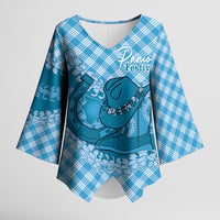 Polu Hawaii Cowboy Palaka Motifs Personalised Kimono Sleeve Blouse Paniolo Festival Puakenikeni Lei LT14 Female Blue - Polynesian Pride