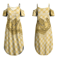 Melemele Hawaii Cowboy Palaka Motifs Personalised Couples Matching Summer Maxi Dress and Long Sleeve Button Shirt Paniolo Festival Puakenikeni Lei LT14 - Polynesian Pride