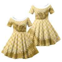 Melemele Hawaii Cowboy Palaka Motifs Personalised Family Matching Mermaid Dress and Hawaiian Shirt Paniolo Festival Puakenikeni Lei LT14 Daughter's Dress Yellow - Polynesian Pride