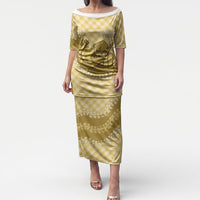 Melemele Hawaii Cowboy Palaka Motifs Personalised Puletasi Paniolo Festival Puakenikeni Lei LT14 Long Dress Yellow - Polynesian Pride